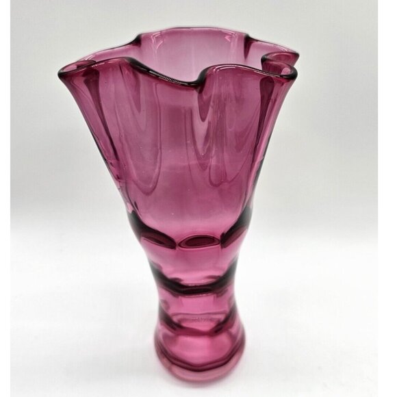 Handmade Other - Vintage Handmade Cranberry Glass Thumbprint With Ruffled Rim 8" Tall Vase Boho